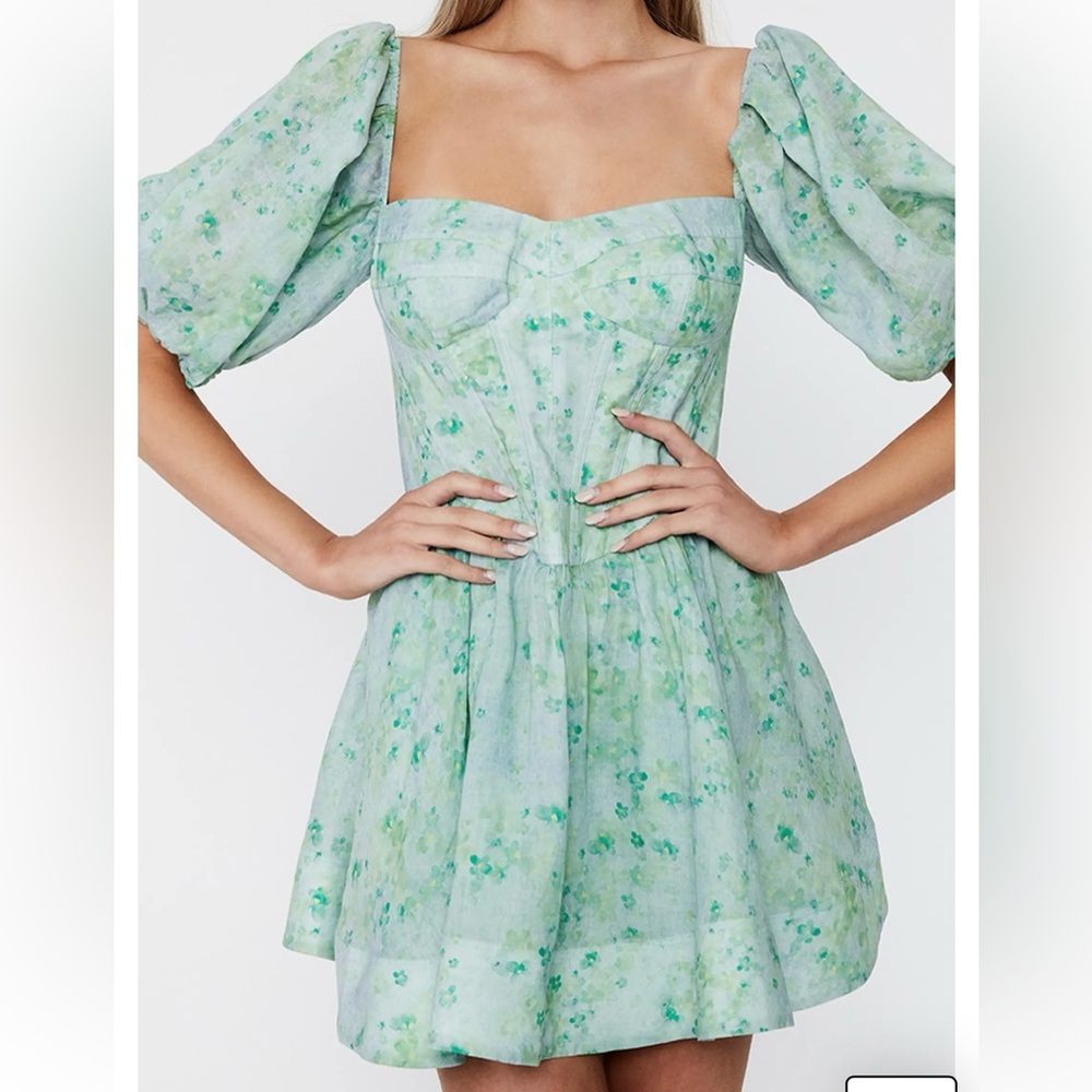 Bardot Kiah Corset Mini Dress – Green Floral Puff Sleeve